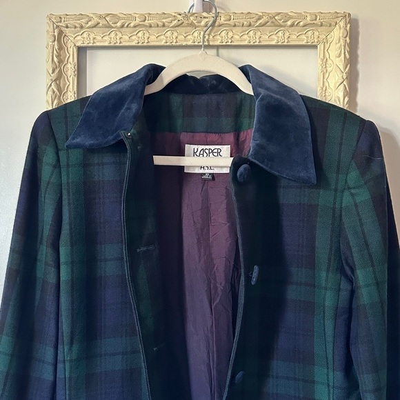 KASPER FOR A.S.L. | Vintage Purple Green & Blue Plaid Blazer with Velour Detail - Picture 8 of 16